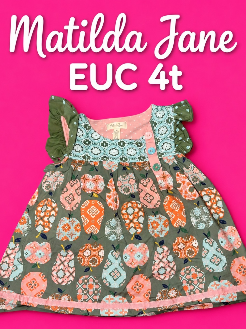 Matilda Jane Olive Dress with Pink & Orange Pumpkin Apple Motif 4t